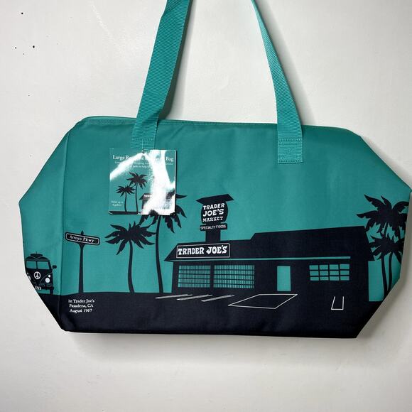 Lot 2x Trader Joe’s Large Reusable Insulated Cooler Bag Shopping Tote Teal Black - Picture 2 of 11
